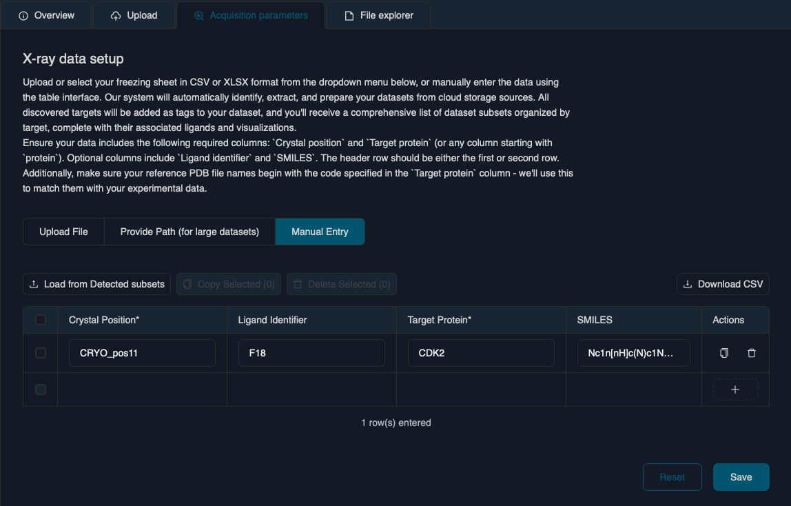 X-ray dataset view showing populated data subsets
